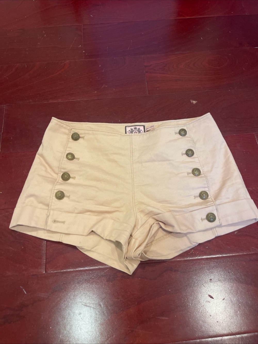 Juicy Couture High-Rise Sailor-Style Tan Shorts Button Detail
